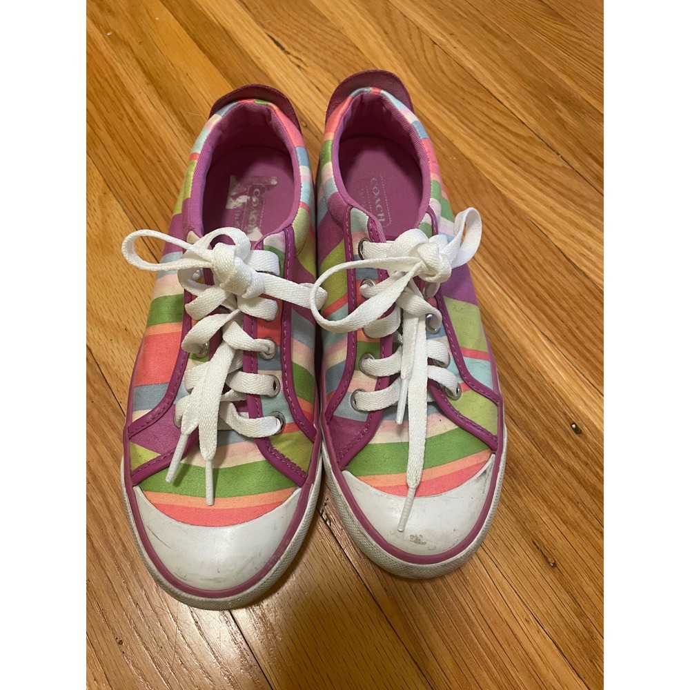 Coach Barrett Low Top Sneakers Multi Color Striped Canvas Pink Green 6.5